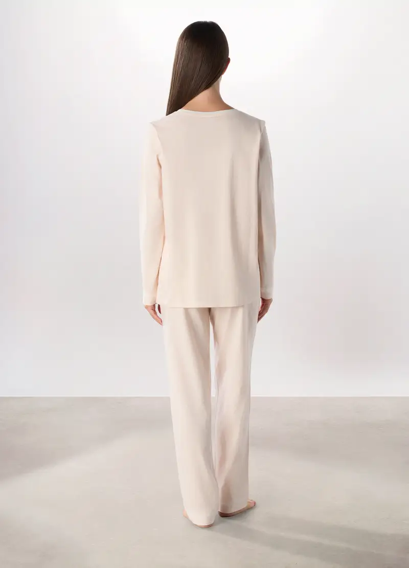 Set Pigiama Lungo In Puro Cotone Donna, Bianco/Rosa miniatura 2