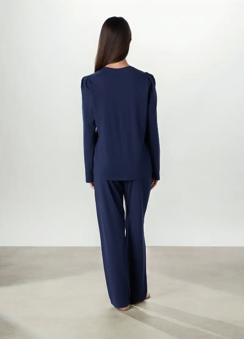 Set Pigiama Lungo In Puro Cotone Donna, Blu scuro miniatura 2