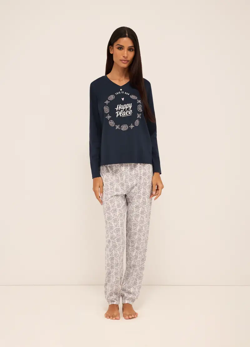 Upim, Set Pigiama Lungo In Puro Cotone Donna, Blu scuro, Taglia: S