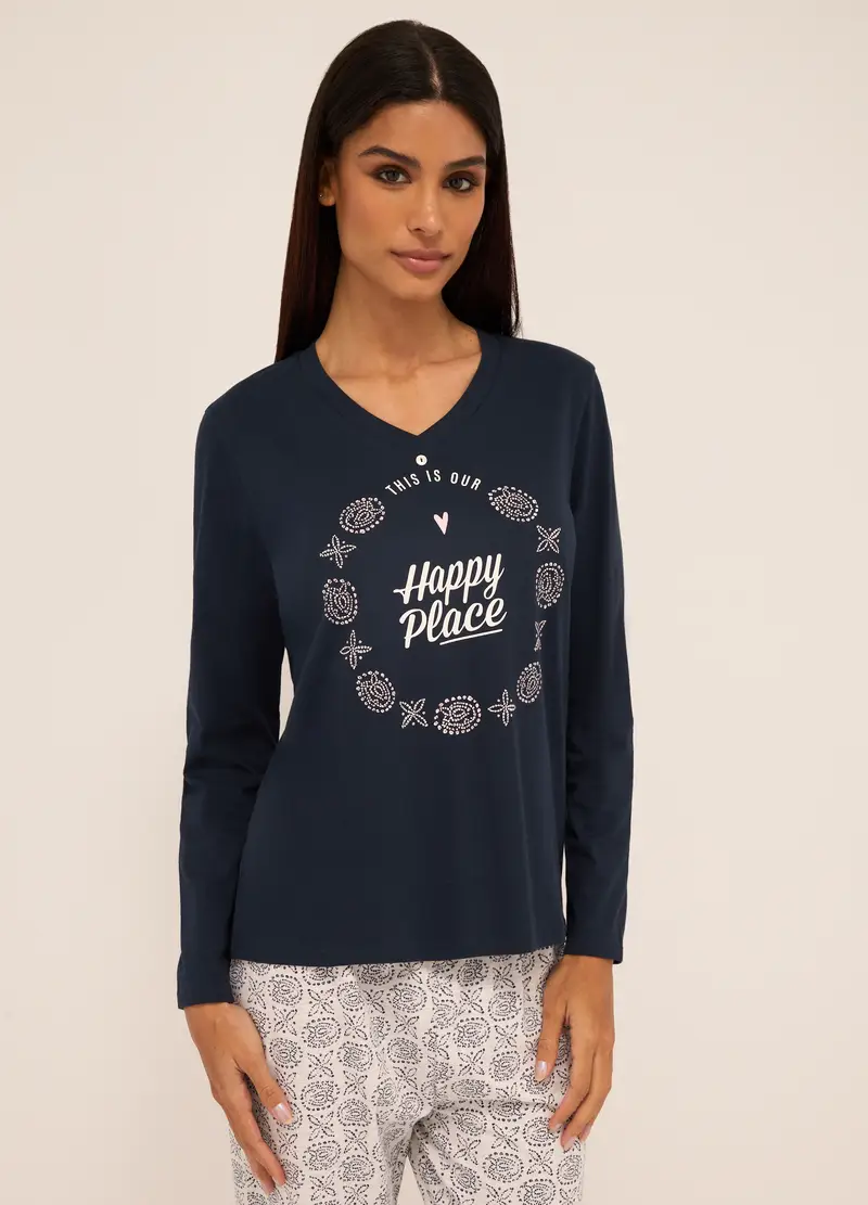 Upim, Set Pigiama Lungo In Puro Cotone Donna, Blu scuro, Taglia: S miniatura 2