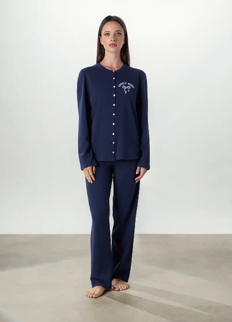 Upim, Set Pigiama Lungo In Puro Cotone Donna, Blu scuro, Taglia: S