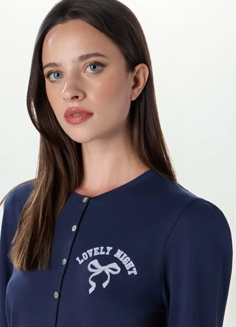 Upim, Set Pigiama Lungo In Puro Cotone Donna, Blu scuro, Taglia: S miniatura 2