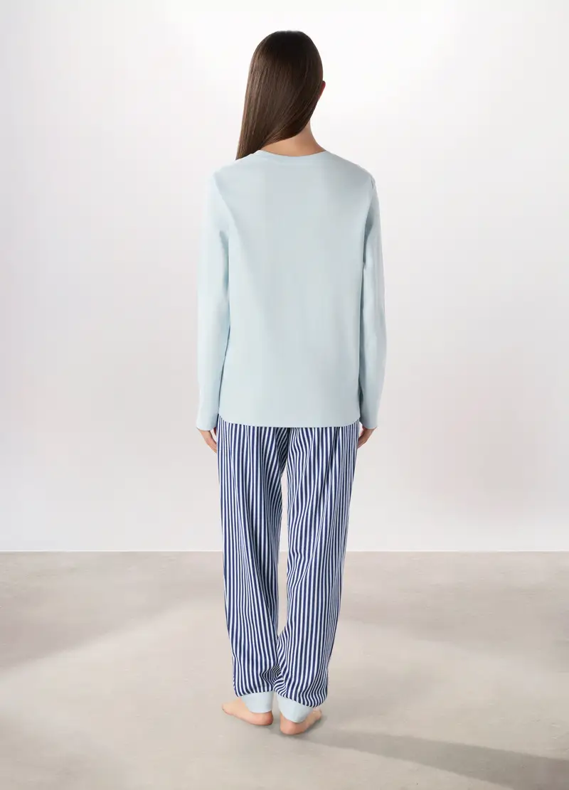 Set Pigiama Lungo In Puro Cotone Interlock Donna, Azzurro miniatura 2