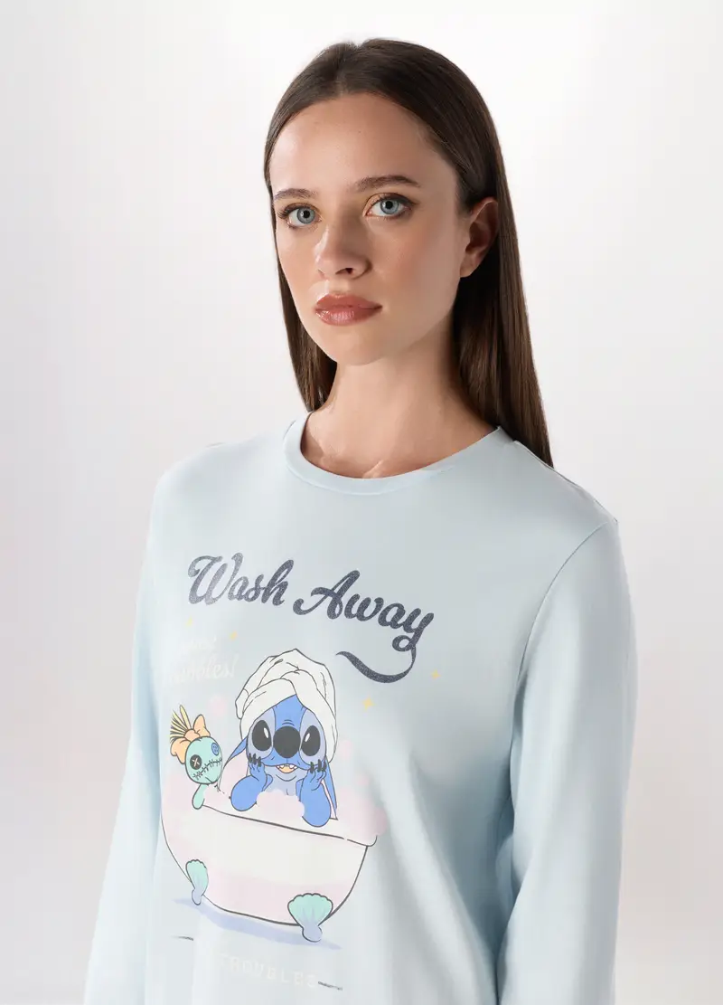 Set Pigiama Lungo In Puro Cotone Interlock Donna, Azzurro miniatura 3