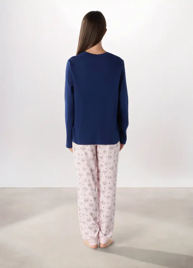 Set Pigiama Lungo In Puro Cotone Interlock Donna, Blu miniatura 2