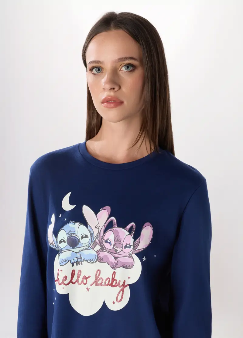 Set Pigiama Lungo In Puro Cotone Interlock Donna, Blu miniatura 3