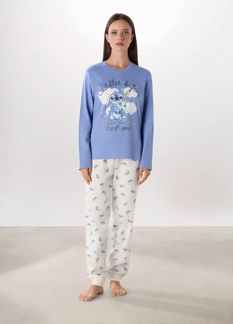 Set Pigiama Lungo In Puro Cotone Interlock Donna, Blu chiaro