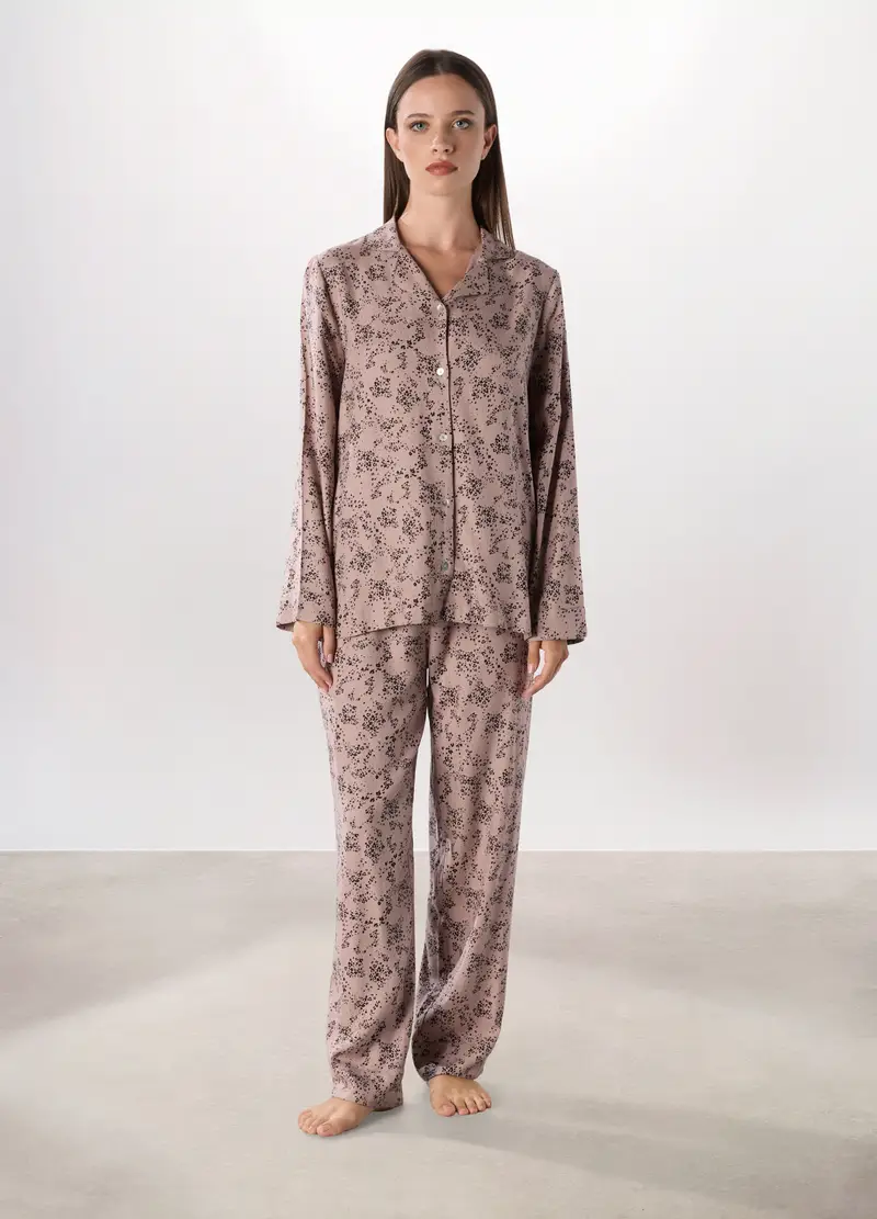 Set Pigiama Lungo In Twill Di Viscosa Donna, Rosa scuro