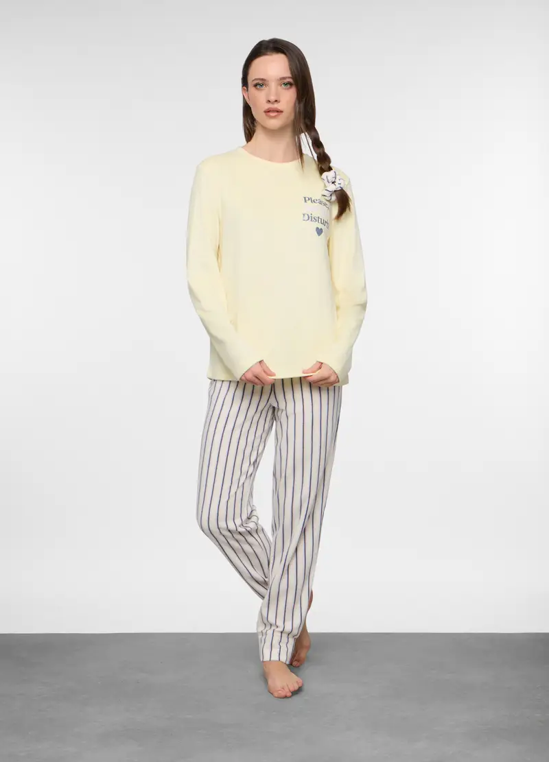 Set Pigiama Lungo Velour Donna, Bianco panna