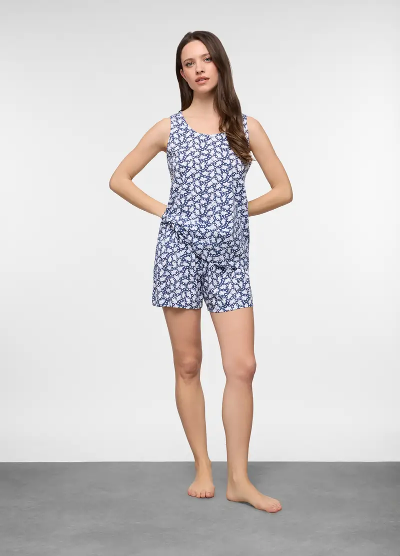 Short Pigiama In Puro Cotone Donna, Bianco/Blu