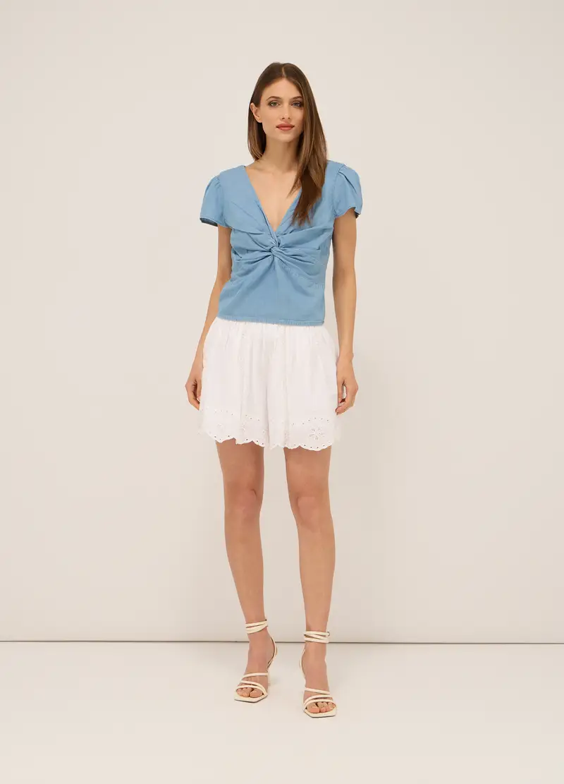 Shorts In Puro Cotone Sangallo Donna, Bianco gesso