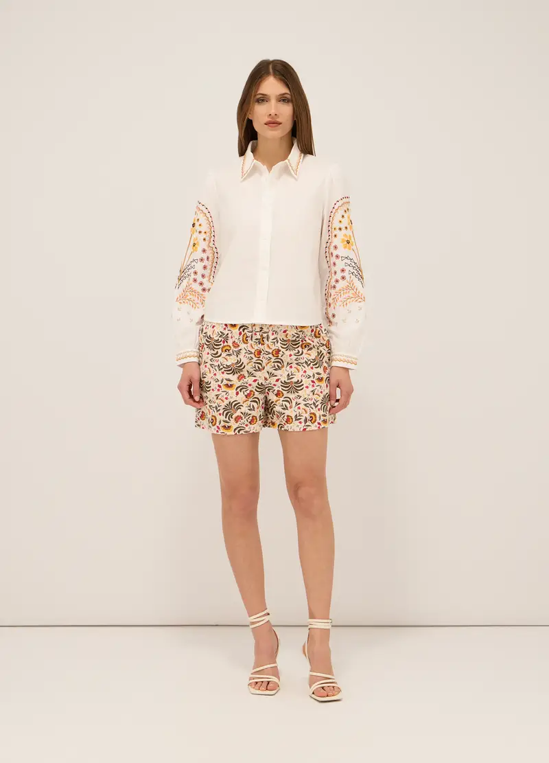 Shorts Misto Lino Con Stampa Donna, Bianco