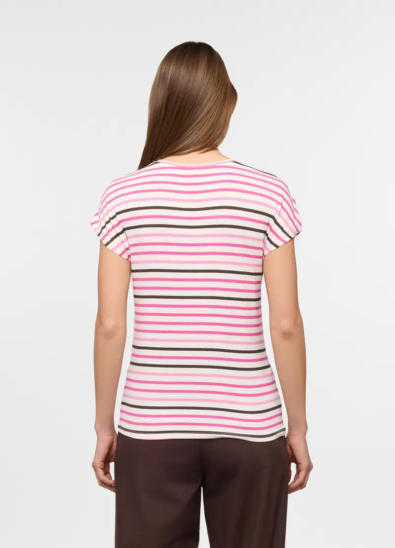 T-shirt A Girocollo Fit Regular In Viscosa Stretch A Righe Donna, Multicolor miniatura 2