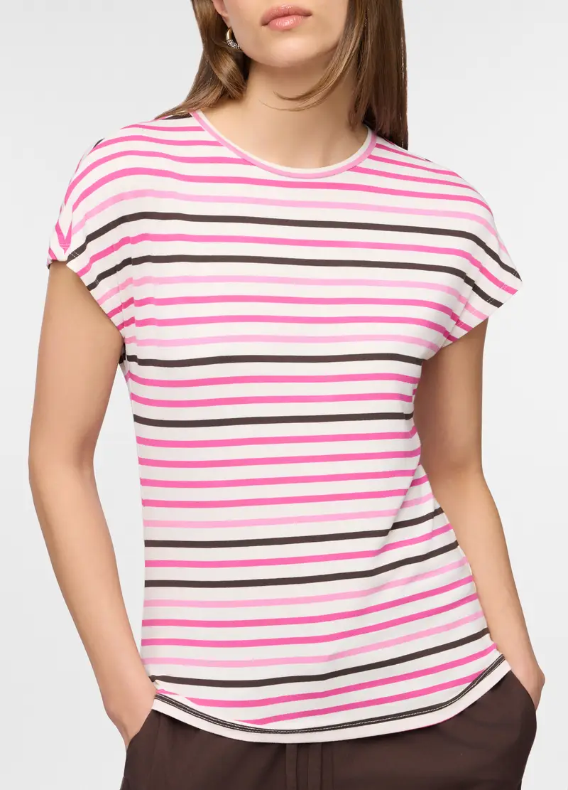 T-shirt A Girocollo Fit Regular In Viscosa Stretch A Righe Donna, Multicolor miniatura 3