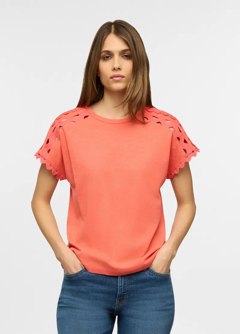 T-shirt A Girocollo In Puro Cotone Slub Donna, Rosa corallo