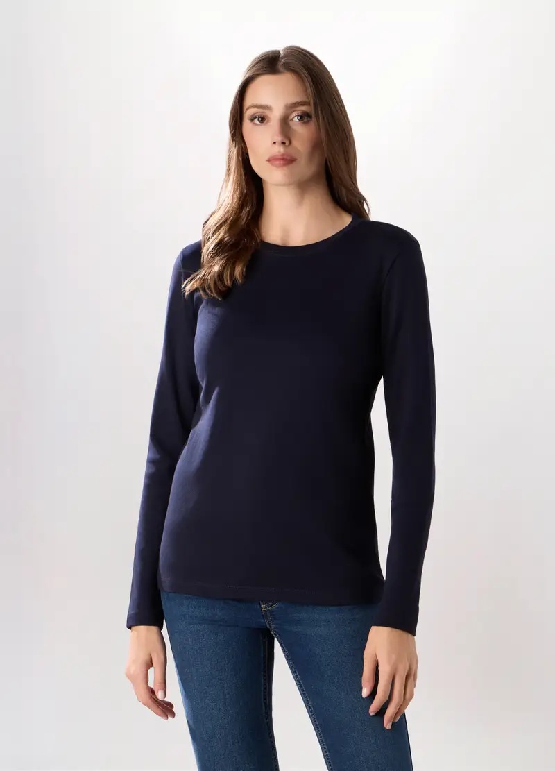 T-shirt A Manica Lunga In Interlock Di Puro Cotone Donna, Blu scuro