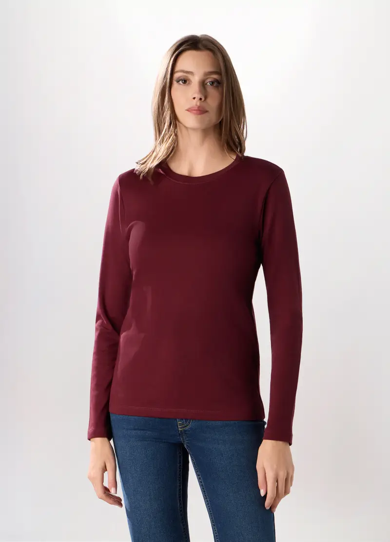 T-shirt A Manica Lunga In Interlock Di Puro Cotone Donna, Rosso bordeaux