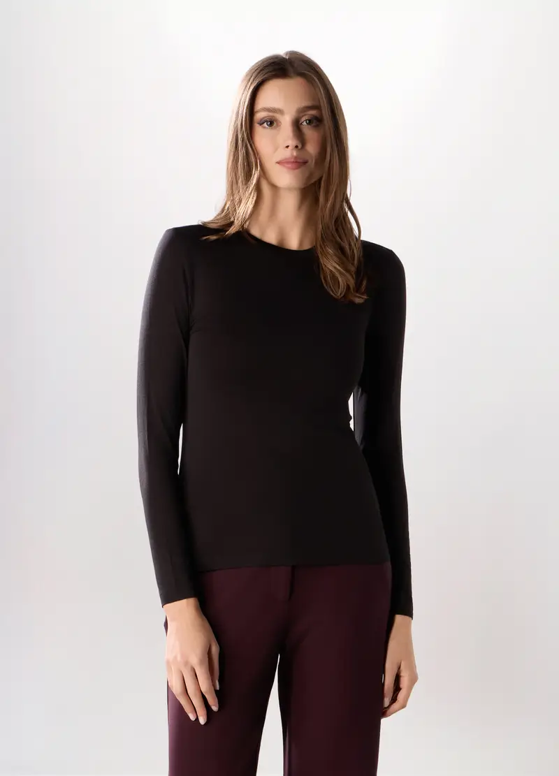 T-shirt A Maniche Lunghe Tinta Unita Donna, Nero