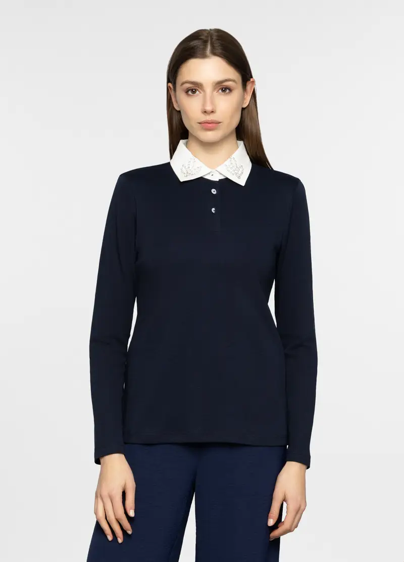 T-shirt Con Colletto Alla Francese In Interlock Donna, Blu scuro