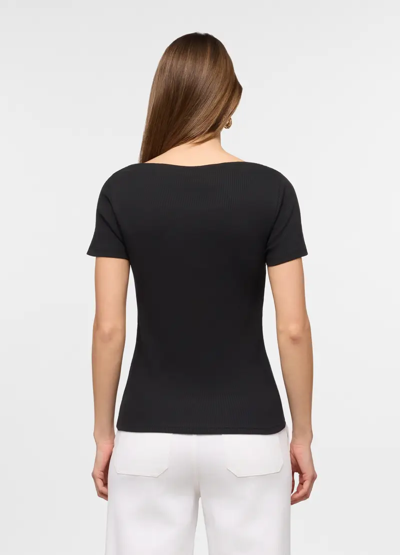 T-shirt Con Scollo A Barca In Costina Di Puro Cotone Donna, Nero miniatura 2