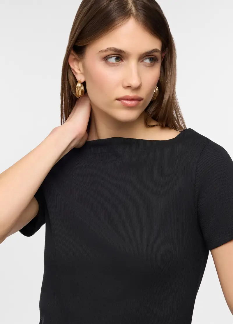 T-shirt Con Scollo A Barca In Costina Di Puro Cotone Donna, Nero miniatura 3