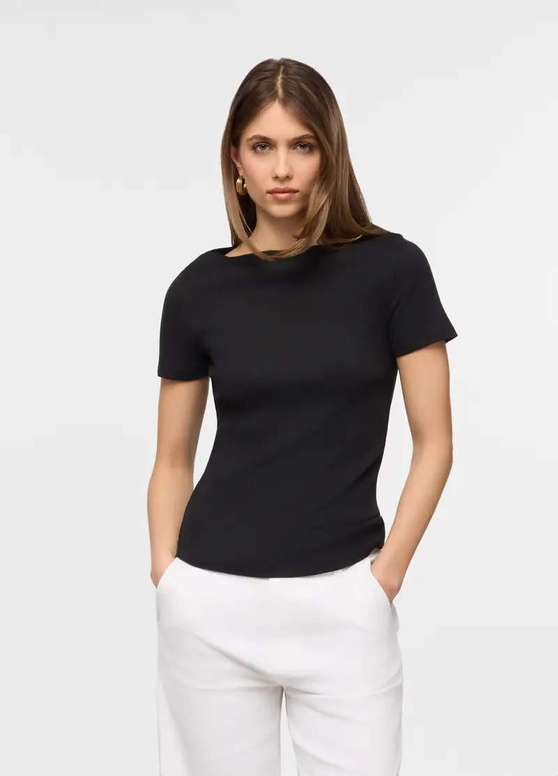 T-shirt Con Scollo A Barca In Costina Di Puro Cotone Donna, Nero
