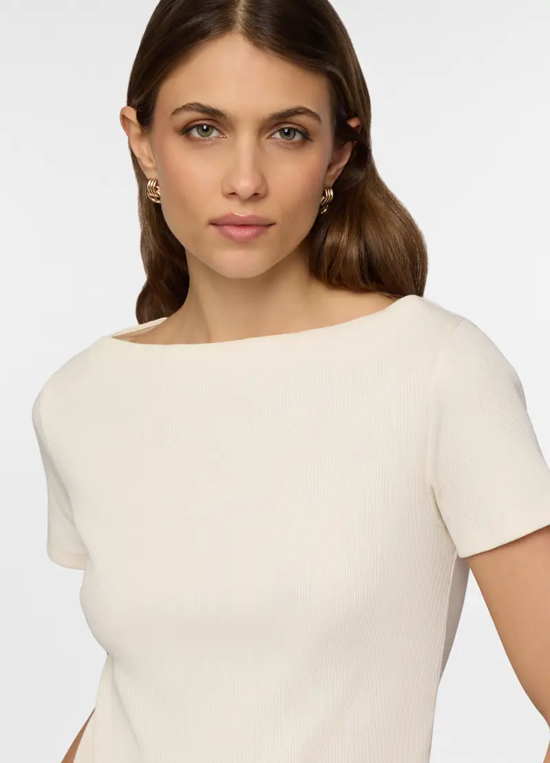 T-shirt Con Scollo A Barchetta Donna, Bianco panna miniatura 3