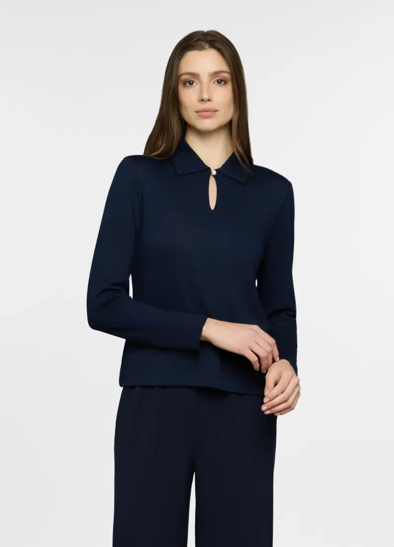 T-shirt Con Scollo A Goccia E Bottone, Donna, Blu navy