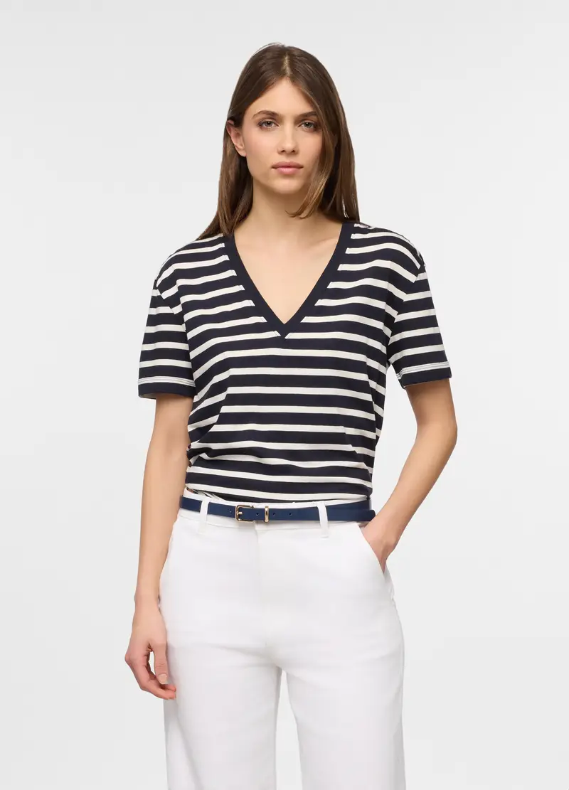 T-shirt Con Scollo A V Donna, Bianco/Blu