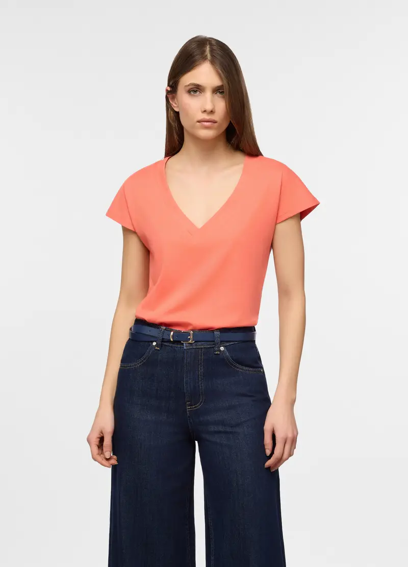 T-shirt Con Scollo A V Donna, Rosa corallo
