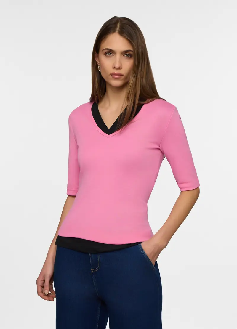 T-shirt Con Scollo A V In Costina Donna, Rosa pastello