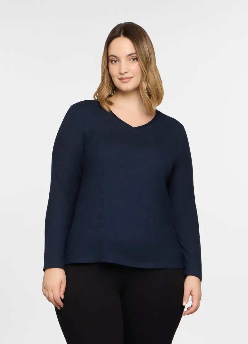 T-shirt Con Scollo A V In Jersey Slub Donna Curvy, Blu scuro