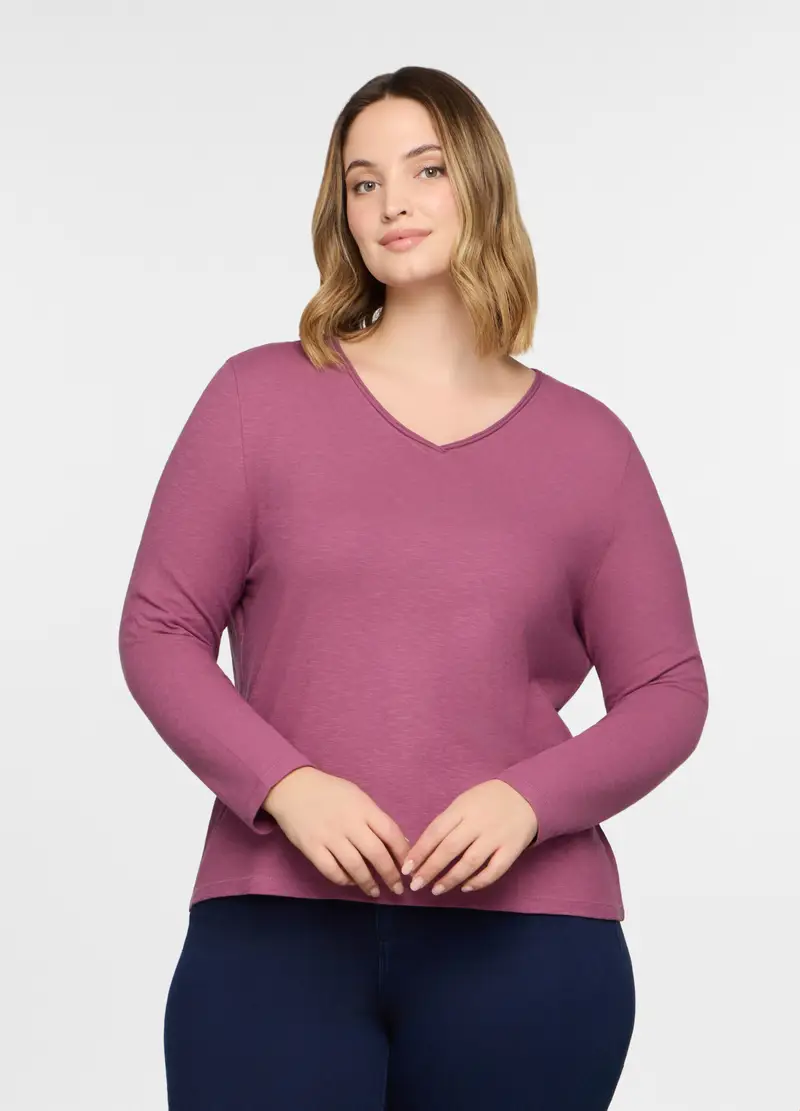 T-shirt Con Scollo A V In Jersey Slub Donna Curvy, Rosa pastello