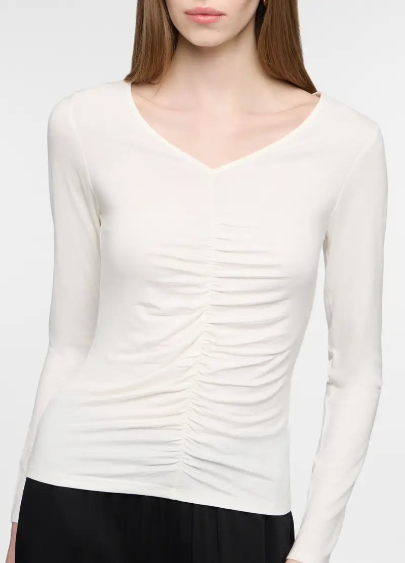 T-shirt Con Scollo A V Stretch Donna, Bianco gesso miniatura 3
