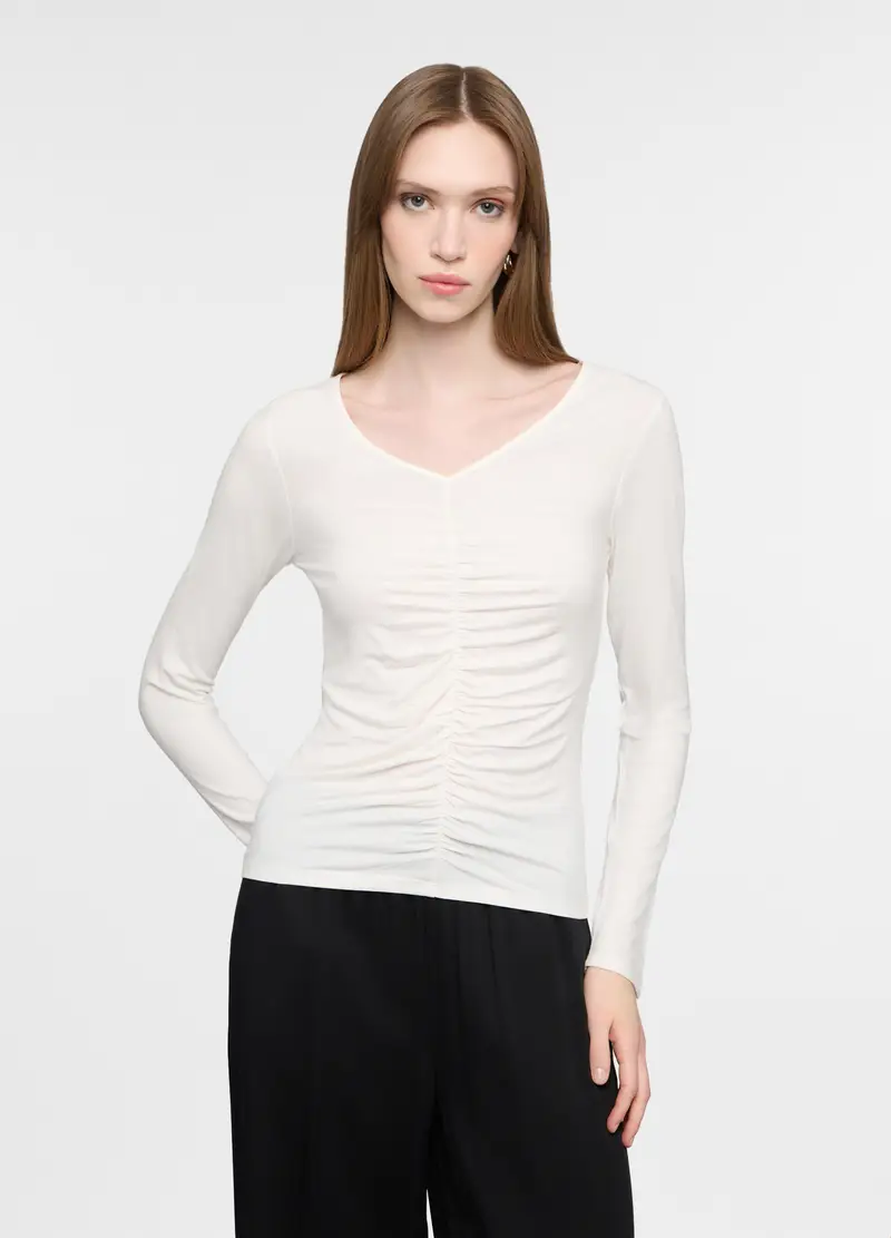 T-shirt Con Scollo A V Stretch Donna, Bianco gesso