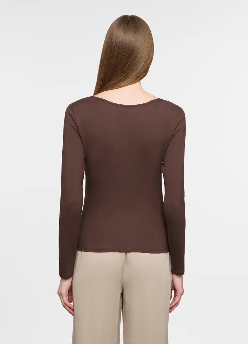 T-shirt Con Scollo A V Stretch Donna, Marrone cioccolato miniatura 2