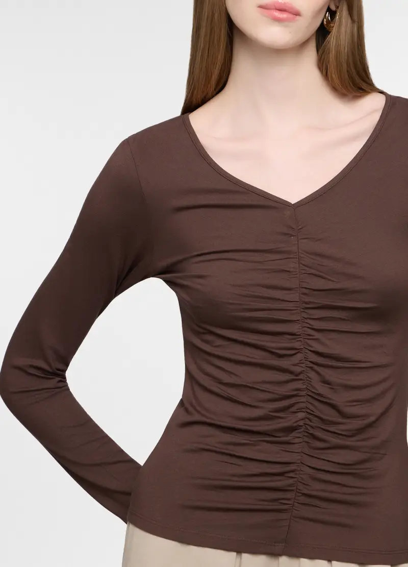 T-shirt Con Scollo A V Stretch Donna, Marrone cioccolato miniatura 3