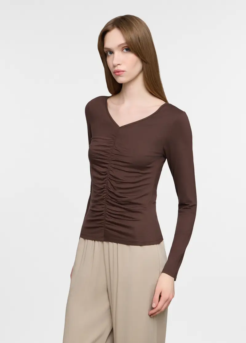 T-shirt Con Scollo A V Stretch Donna, Marrone cioccolato