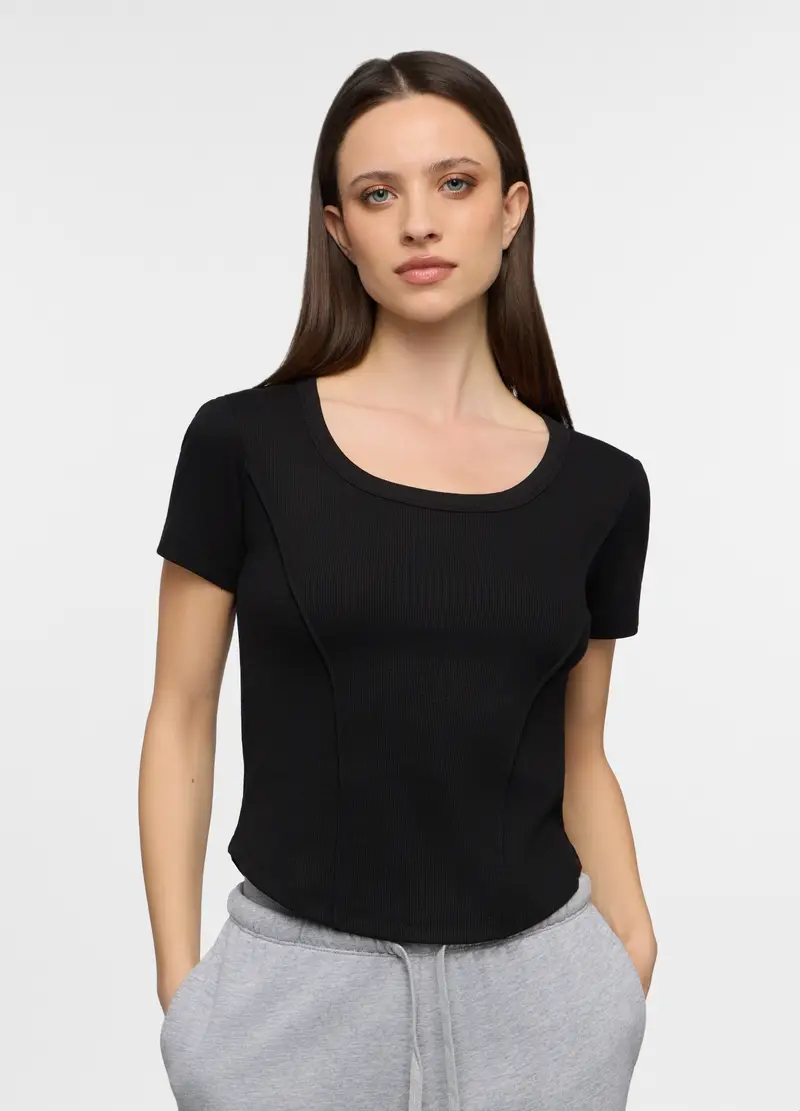 T-shirt Con Scollo Rotondo In Costina Stretch Donna, Nero