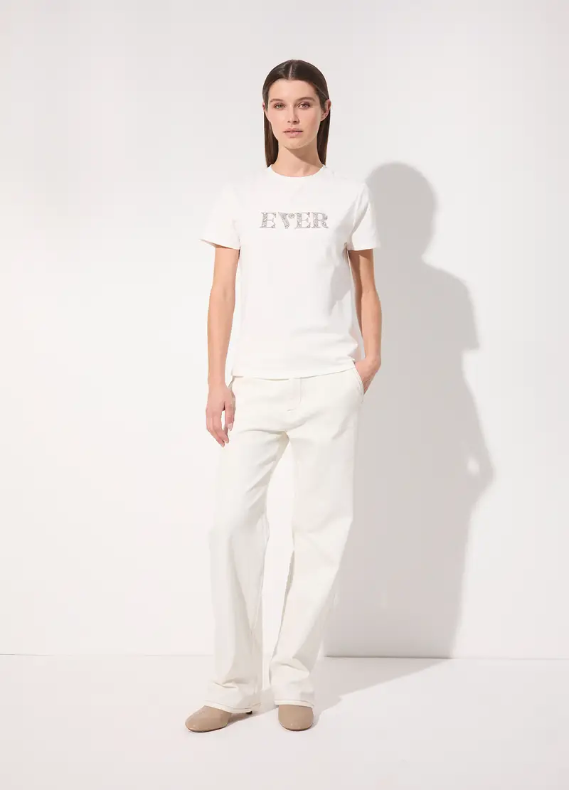 T-shirt Con Strass In Cotone Stretch Donna, Unisex, Bianco