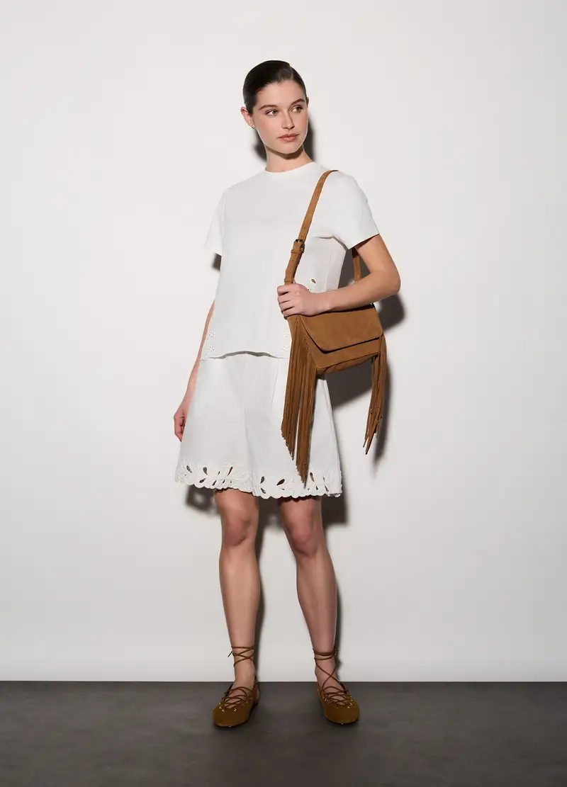 T-shirt Girocollo Con Ricami Donna, Unisex, Bianco gesso