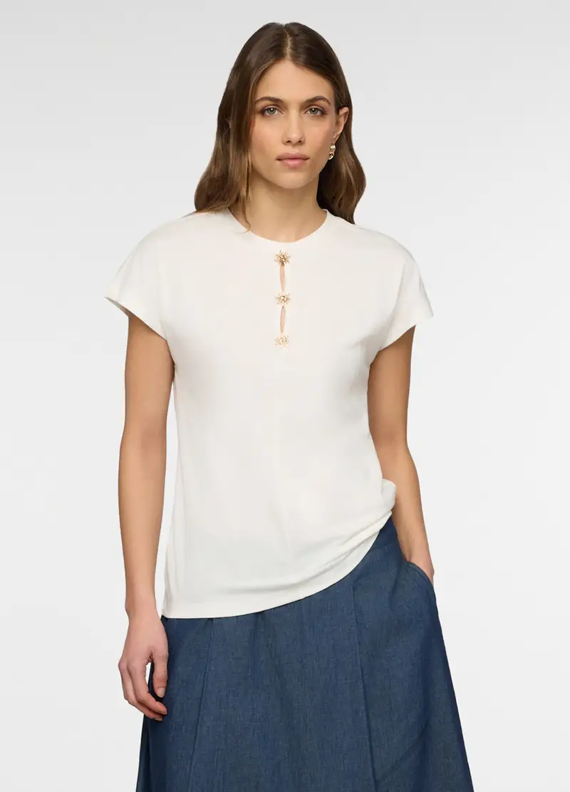 T-shirt Girocollo Donna, Bianco panna