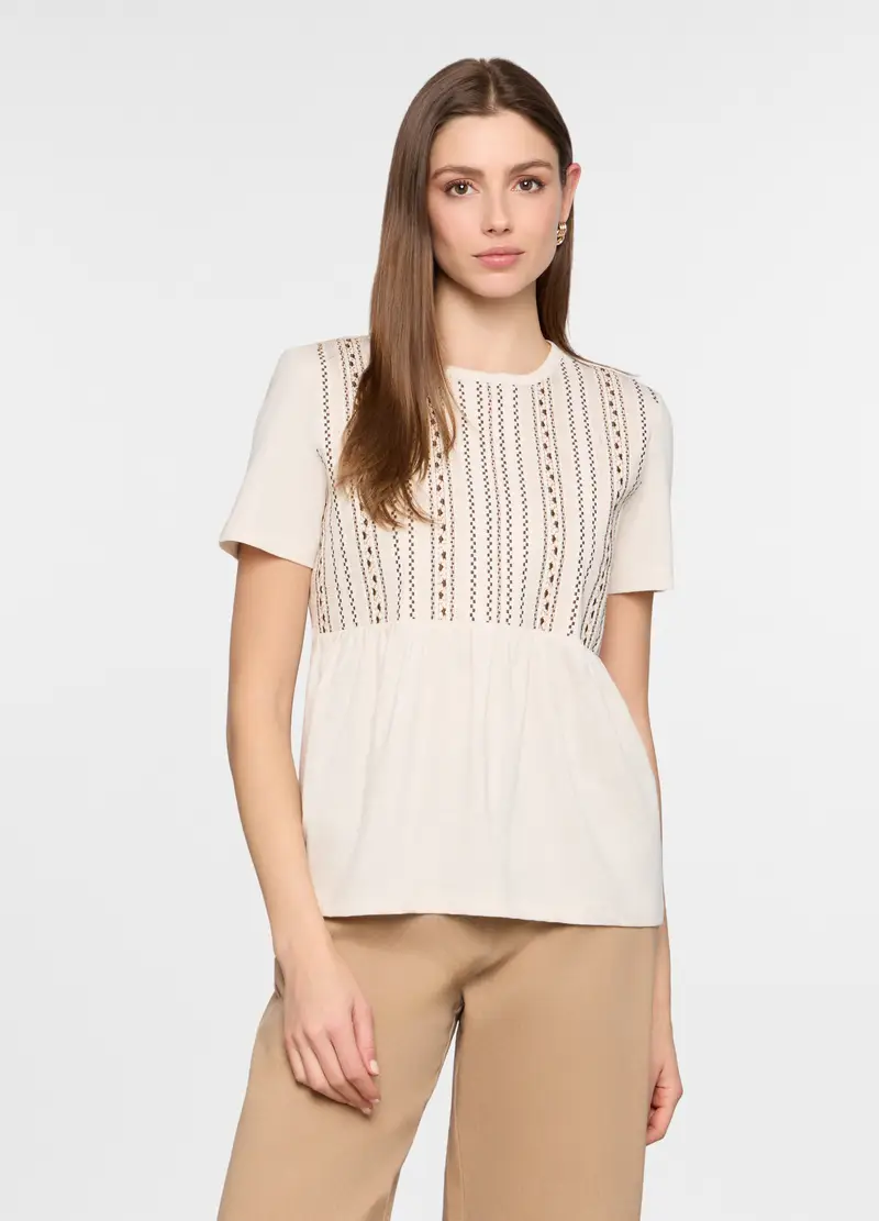 T-shirt Girocollo Donna, Bianco panna