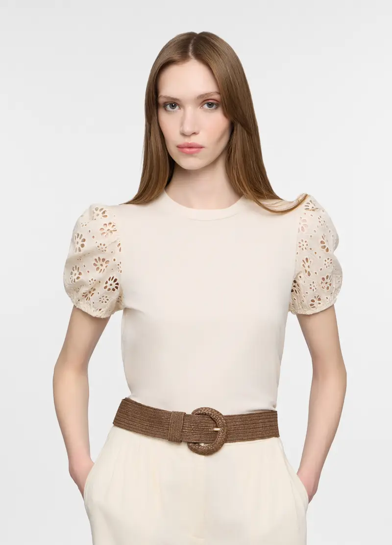 T-shirt Girocollo Donna, Bianco panna