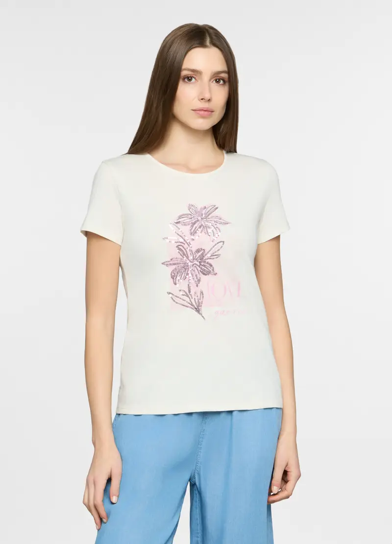 T-shirt Girocollo Donna, Bianco panna