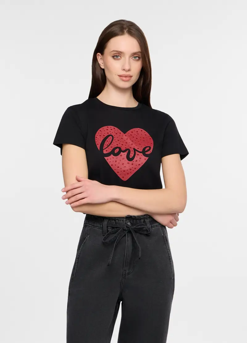 T-shirt Girocollo Donna, Nero stampa 1