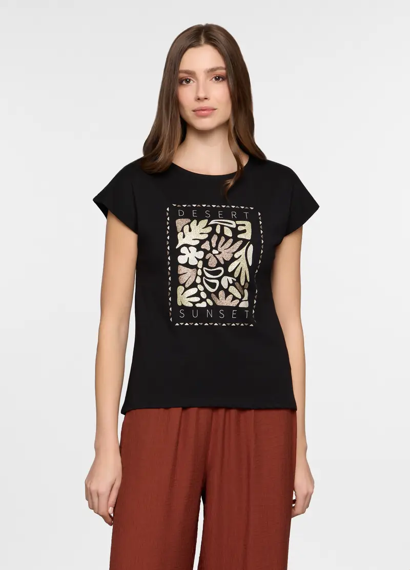 T-shirt Girocollo Donna, Nero stampa 1