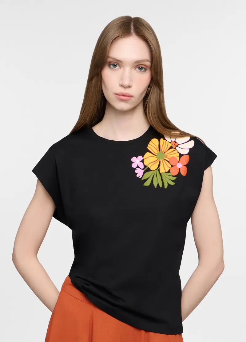 T-shirt Girocollo Donna, Nero stampa 1