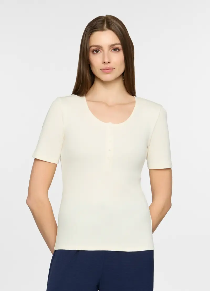 T-shirt Girocollo Fitted Donna, Bianco panna