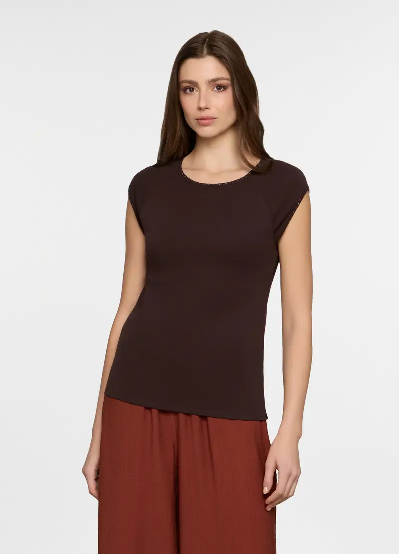 T-shirt Girocollo In Costina Donna, Marrone cioccolato